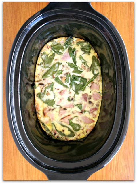 Slow Cooker Egg, Spinach and Ham Breakfast Casserole--a healthy and easy recipe for a breakfast casserole that you can have any time of day.