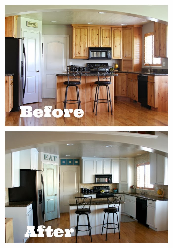 Before and After Photos of Kitchen with Painted Cabinets and Tile and Glass Backsplash installed