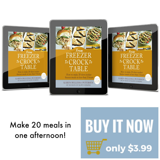This ebook give you all the instructions on how to make 20 slow cooker freezer meals in one afteroon. It's only $3.99