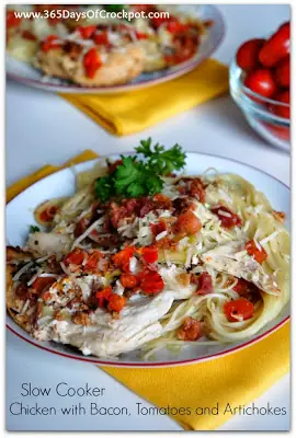 Recipe for Slow Cooker (crock-pot) Chicken with Bacon, Tomatoes and Artichokes #crockpotrecipe #slowcooker