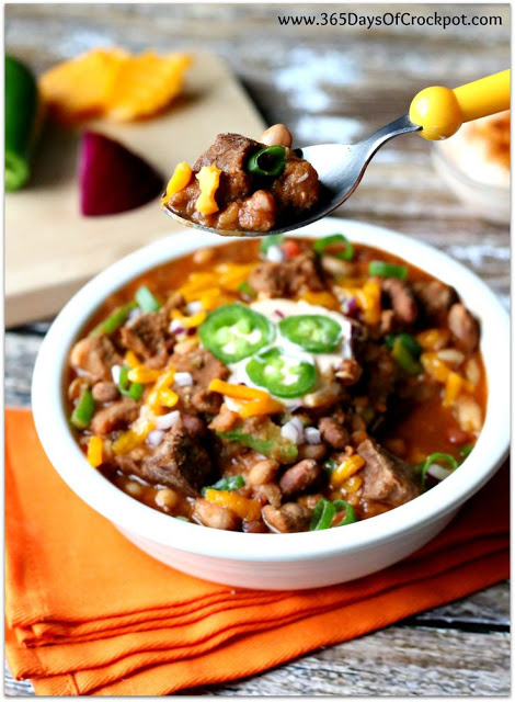 Slow Cooker Beefy 15-Bean Chili with Cajun-Lime Sour Cream Recipe--perfect tailgating food