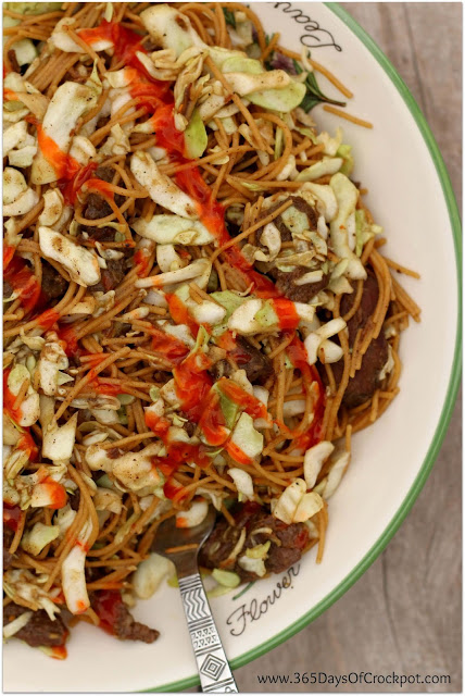 Slow Cooker Peppery Beef Noodles with spicy Sriracha and crisp cabbage 