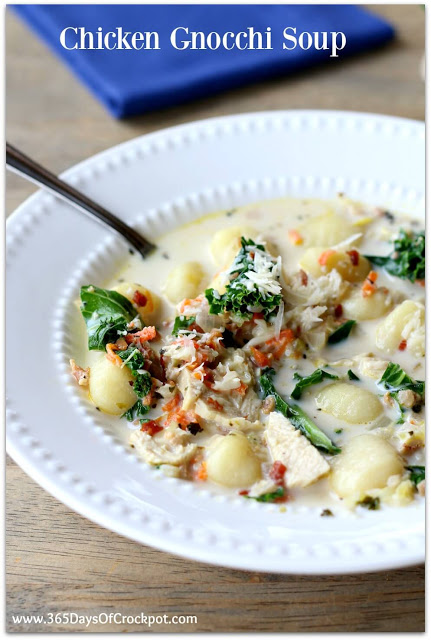 Slow Cooker Chicken Gnocchi Soup with Kale and Parmesan: A cream based soup with tender, moist bites of chicken, bacon crumbles, bright green leafy kale and dumpling-like gnocchi. This soup is a 10 out of 10 at my house. If I start a soup restaurant and can serve only 3 soups this will be one of them.