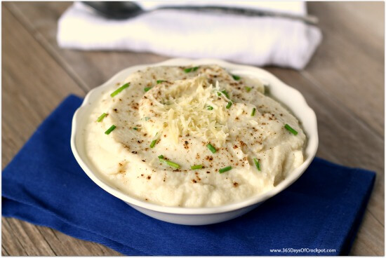 Mashed cauliflower with garlic, parmesan cheese, olive oil and chives