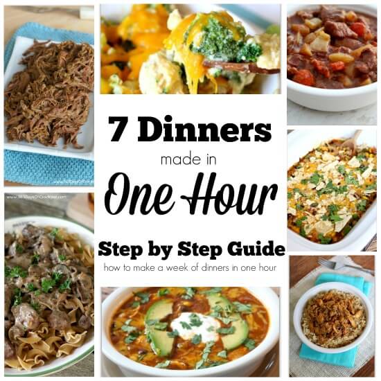 With this simple step-by-step assembly-style guide you'll be able to make 7 crockpot freezer meals in one hour (I did it in 55 minutes!). The recipes that are included in this guide are some of the most popular dinner recipes I have: cheesy broccoli and chicken casserole, taco casserole, beef stew, crockpot roast, french onion stroganoff, garlic lime chicken and enchilada soup. If you have the freezer space you can double each recipe and have 14 meals ready to go in not much more than an hour. 
