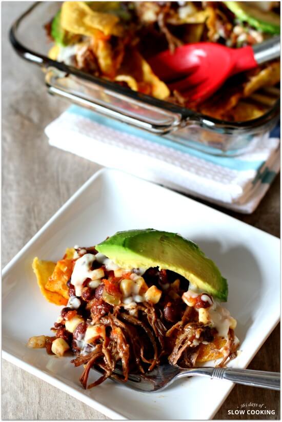 Nachos Casserole (with Crockpot Shredded Beef and White Queso Cheese Sauce)