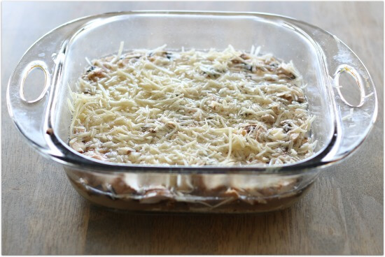 garlic parmesan oven baked brown rice with diced mushrooms