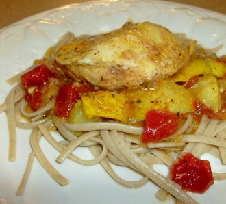 Day 341:  Herbed Tomato Artichoke Chicken with Fettucine