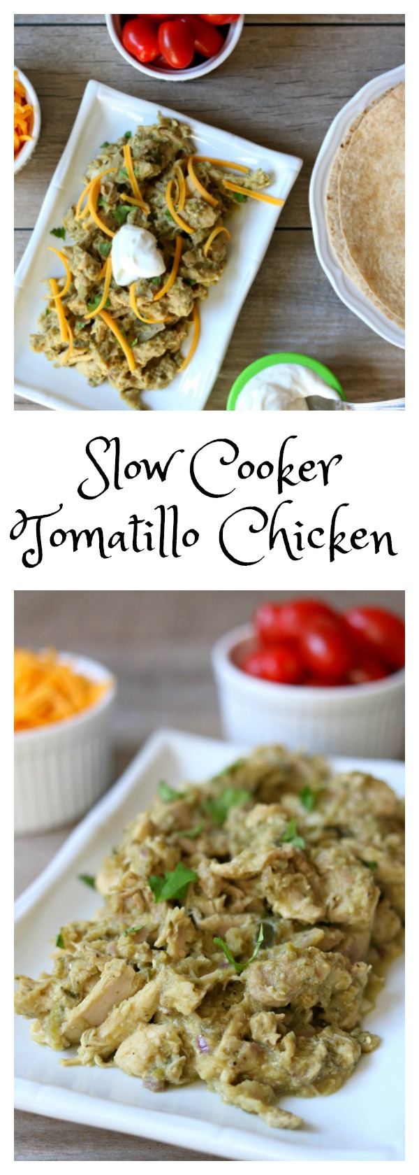 Slow Cooker Tomatillo Chicken Filling: tender, moist pieces of shredded chicken with an almost creamy (but healthy) sauce that is tomatillo based. This Slow Cooker Tomatillo Chicken Filling is perfect for tacos, enchiladas, burritos, salads or plain!