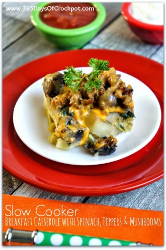 Slow Cooker Breakfast Casserole with Spinach, Mushrooms and Peppers
