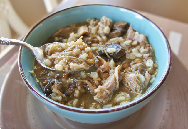 Slow Cooker Recipe for Pork Stew with Mushrooms, Barley and Lentils #crockpot #slowcooker #soup
