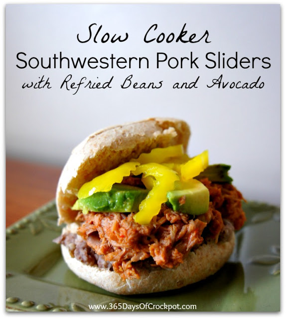 Recipe for Southwestern Pork Sliders with Refried Beans and Avocado #crockpotrecipe #easydinner