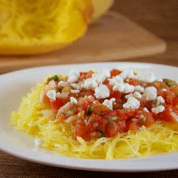 Recipe for Spaghetti Squash with Warm Tomato Salsa and Crumbled Goat Cheese