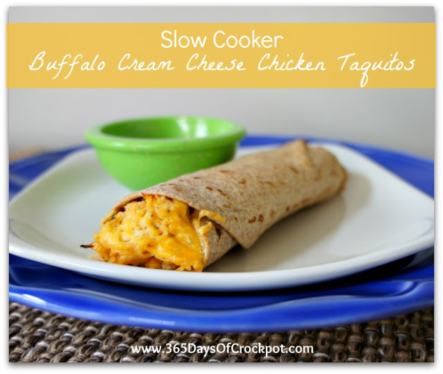 Slow Cooker Baked Buffalo Cream Cheese Chicken Taquitos #crockpot