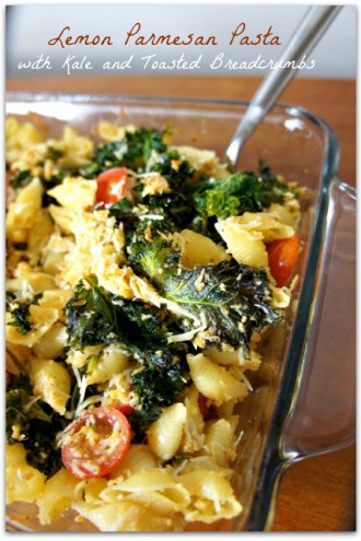 Easy Meatless Dinner Recipe for Lemon Parmesan Pasta with Kale and Toasted Breadcrumbs using Kraft Fresh Take