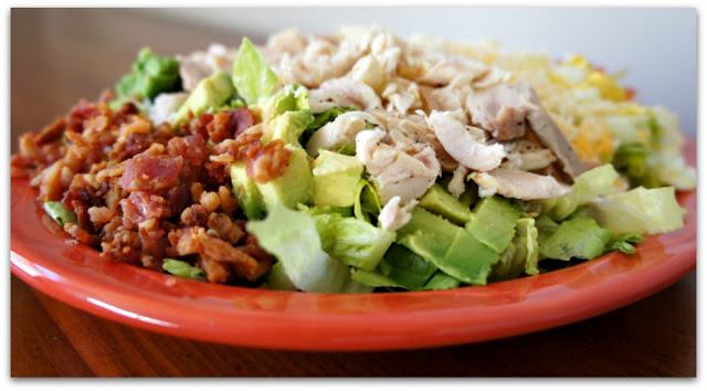 Recipe for Cobb Salad with crockpot chicken and tomatillo ranch dressing #salad #crockpot