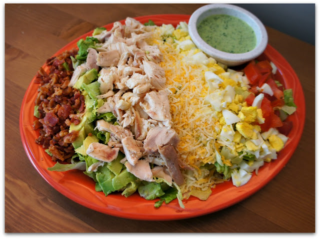 Recipe for Cobb Salad with crockpot chicken and tomatillo ranch dressing