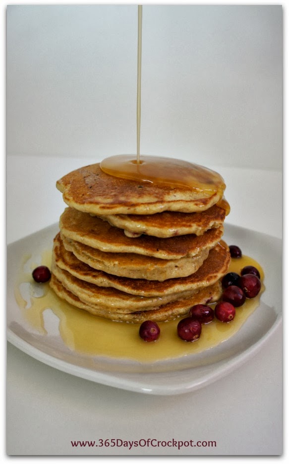 Recipe for Whole Wheat and Oatmeal Cranberry Orange Pancakes with Orange Glaze Syrup #breakfast #cranberries #pancakes