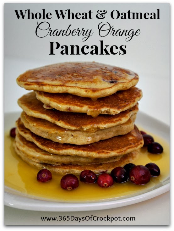 Recipe for Whole Wheat and Oatmeal Cranberry Orange Pancakes with Orange Glaze Syrup #pancakes #breakfast #cranberries