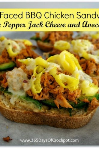 Recipe for Slow Cooker BBQ Chicken Open-Faced Sandwich with Pepper Jack Cheese and Avocado