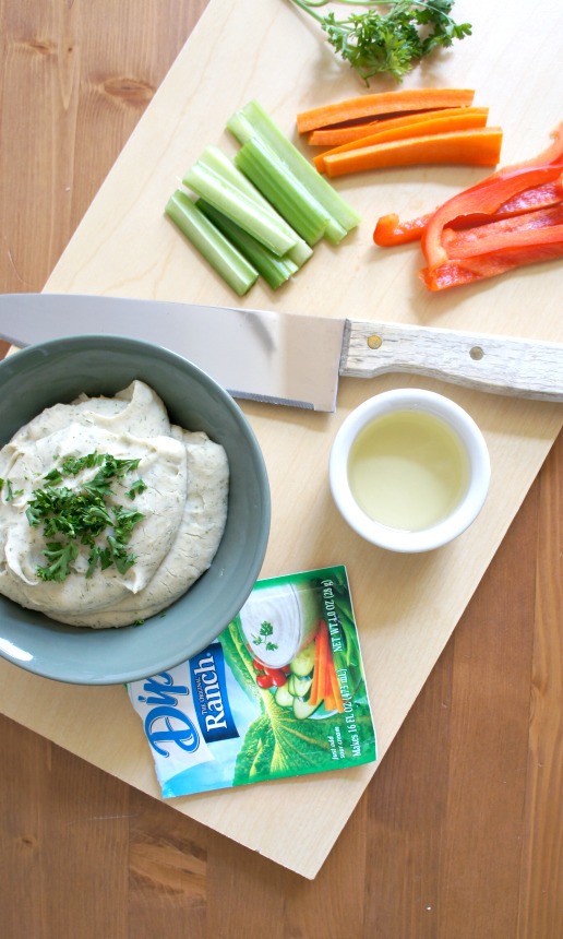 Healthy Vegan Ranch Dip using white beans as the base and hidden valley ranch.
