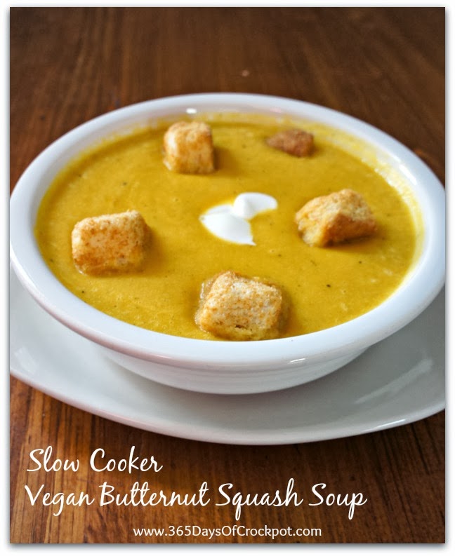Recipe for Vegan Crock Pot Butternut Squash Soup...creamy, flavorful and comforting. #slowcooker #soup #crockpot #meatless #vegan #vegetarian