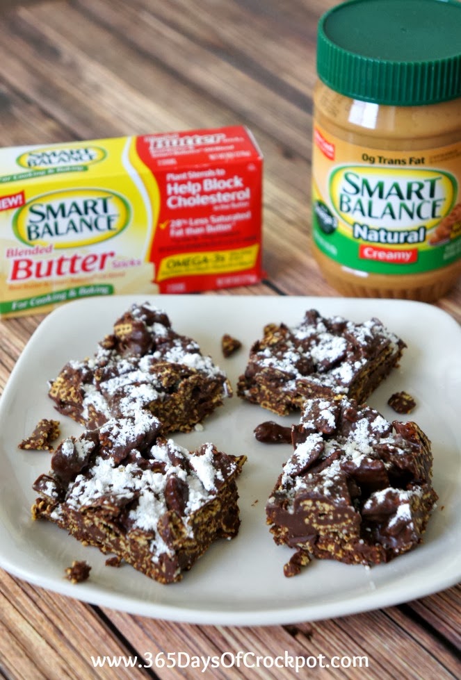 Recipe for Muddy Buddy Fudge Bars...no more dry pieces of cereal in your muddy buddies.  Every piece is coated with chocolate goodness!  #dessert #muddybuddies #smartbalance