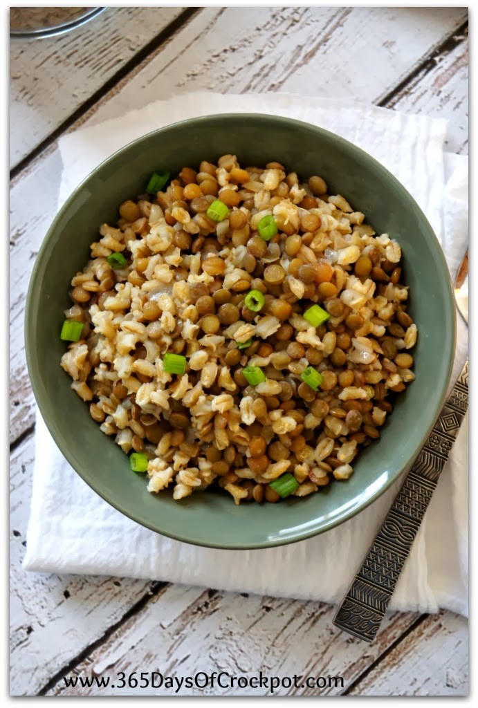 An easy crockpot recipe for lentil and barley pilaf.  This takes about 5 minutes to make!  It's chewy and full of flavor and fiber.  #lentils #slowcooker #healthyslowcooker #crockpot