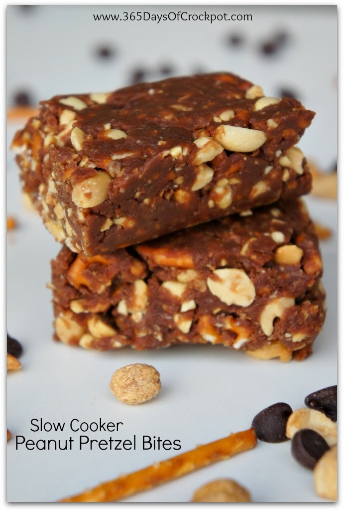 Recipe for Slow Cooker Chocolate Peanut Pretzel Bites #slowcooker #crockpot #dessert