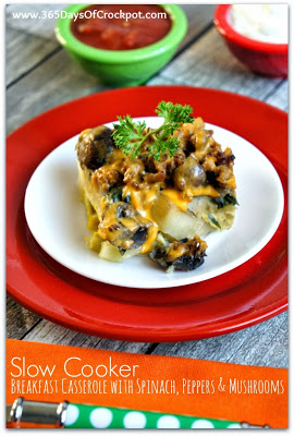 Slow Cooker Breakfast Casserole with Spinach, Mushrooms and Peppers #slowcookerbreakfast #crockpotrecipe