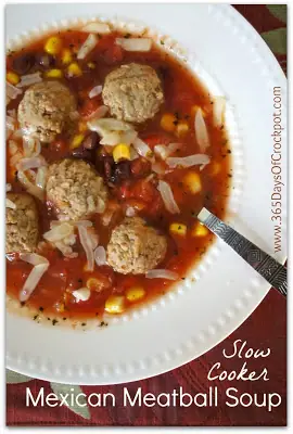 Crockpot Recipe for Mexican Meatball Soup.  This soup is ridiculously easy and can be in the crockpot in 5 minutes! #crockpot #slowcooker