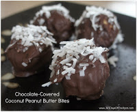 Recipe for Chocolate-Covered Coconut Peanut Butter Bites #dessert #chocolate #peanutbutter #coconut