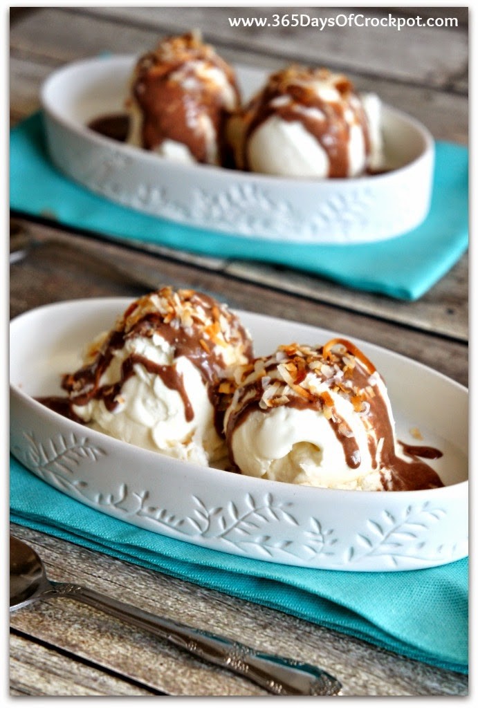 2-Ingredient Coconut Ice Cream with Easy (slow cooker) Hot Fudge Sauce and Toasted Coconut