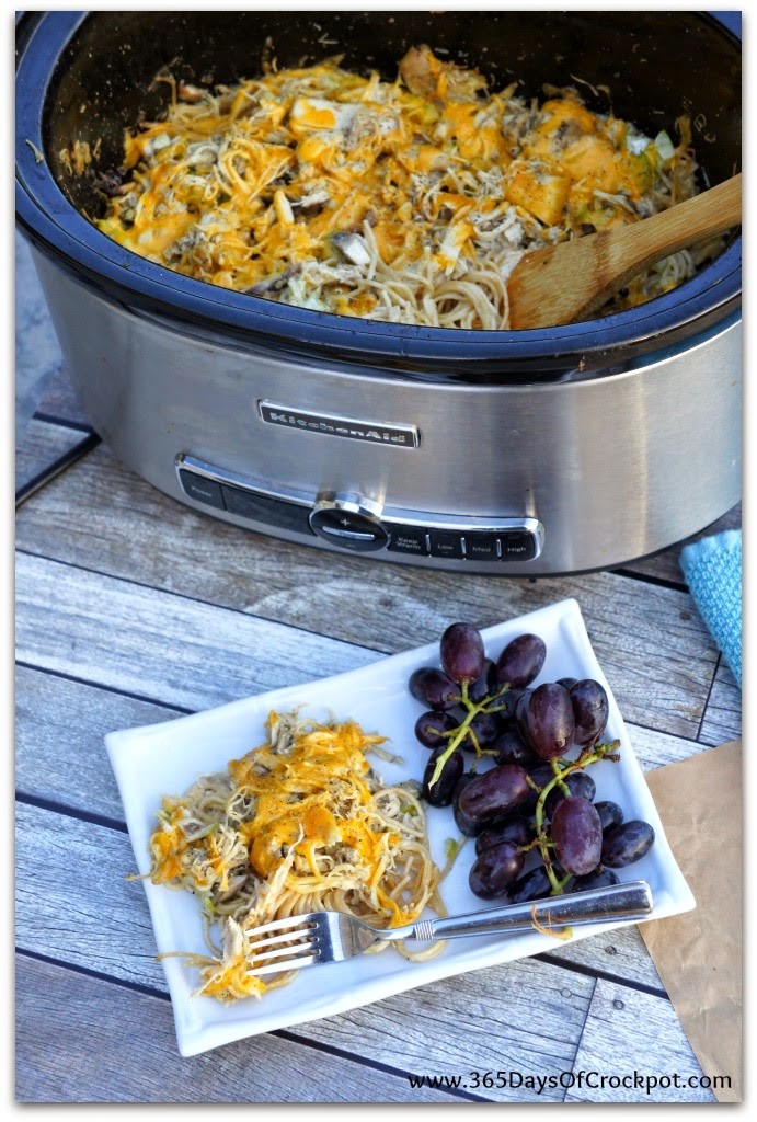 One Pot Chicken Tetrazini made in the crockpot!  Layer the ingredients and walk away.  #easydinner 