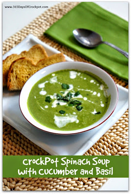 CrockPot Spinach Soup with Cucumber and Basil #soup #meatlessmonday #healthydinner #easydinner #crockpotrecipe