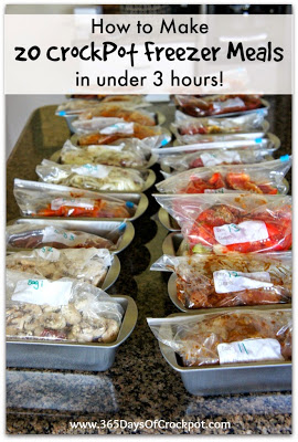 20 crockpot freezer meals made in 2 1/2 hours.  This is perfect for a busy parent.  Make 20 meals on a Saturday and have enough meals for every weekday of the month!