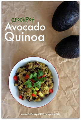crockpot recipe for avocado quinoa #meatlessmonday #quinoa #healthy #summerslowcookersuppers #crockpot www.365daysofcrockpot.com