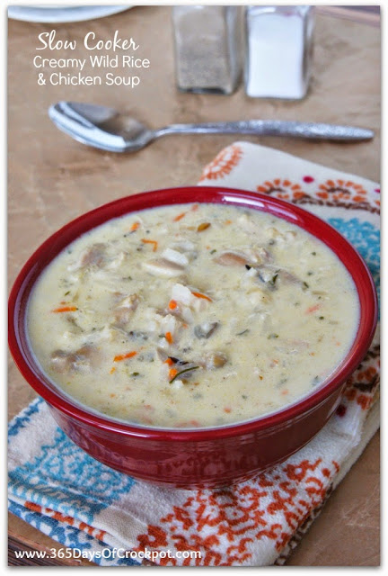 This crockpot wild rice and chicken soup is creamy and comforting. 