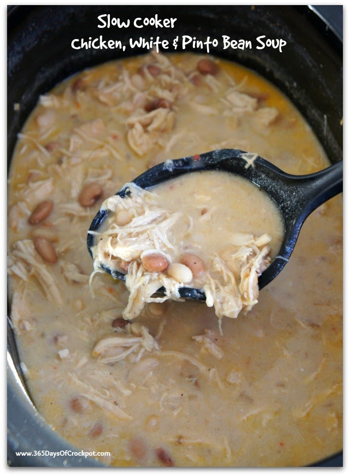 Slow Cooker Chicken, White Bean and Pinto Bean Soup is chock full of chicken, beans, parmesan cheese and sour cream