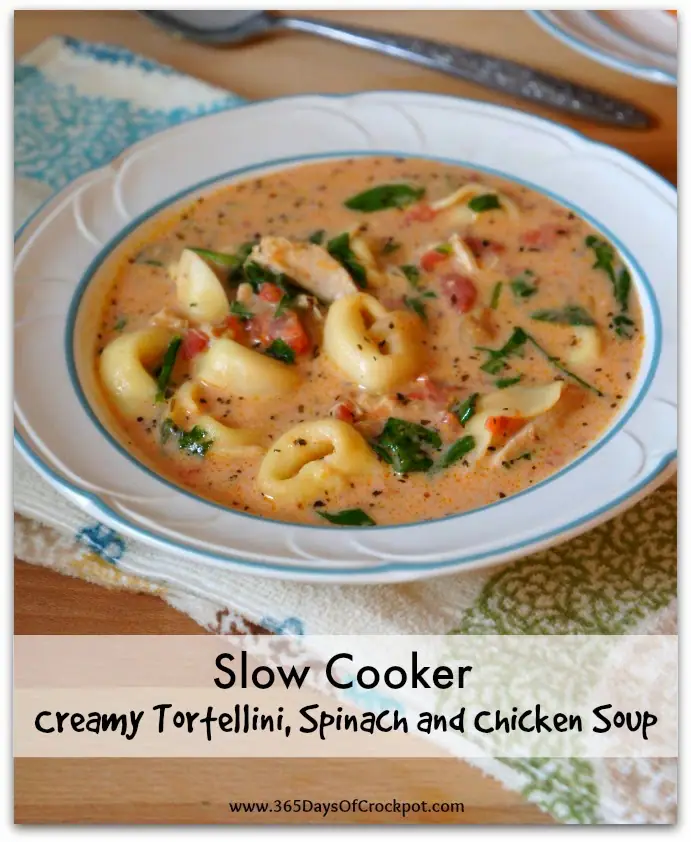 Slow Cooker Creamy Tortellini, Spinach and Chicken Soup. This soup is made in the crockpot and is comfort in a bowl!