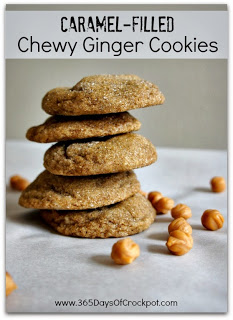 Chewy, caramel-filled, soft ginger cookies.  These cookies are so addicting!  Perfect texture and taste!