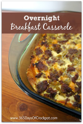 Recipe for Overnight Breakfast Casserole with Eggs, Sausage, Green Chiles and Cheese.  Perfect for Christmas morning! #casserole #breakfast #eggs