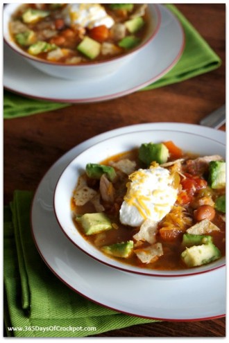 Slow Cooker Busy Day Chicken Taco Soup with Avocado