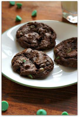 These soft baked, chewy chocolate mint chip cookies are ultra chocolate-y and have the perfect amount of mint flavor from the festive green mint chips.  They taste like the cookie form of a an Andes mint.