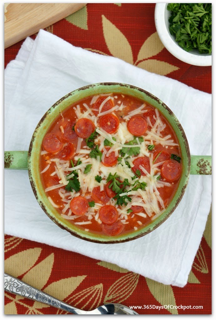 Pepperoni Pizza Soup in the crockpot! Family-friendly meal that everyone will go crazy over!
