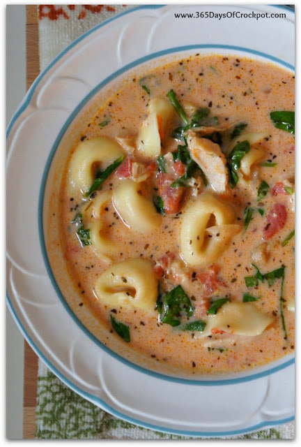 Crockpot Parmesan Tortellini, Spinach and Chicken Soup.  Comfort in a bowl and seriously so delicious.