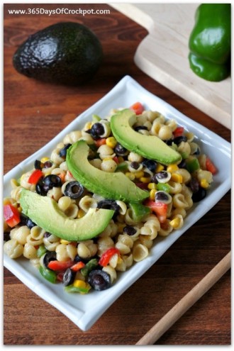 White Cheddar Pasta Shells with Corn, Peppers and Avocados