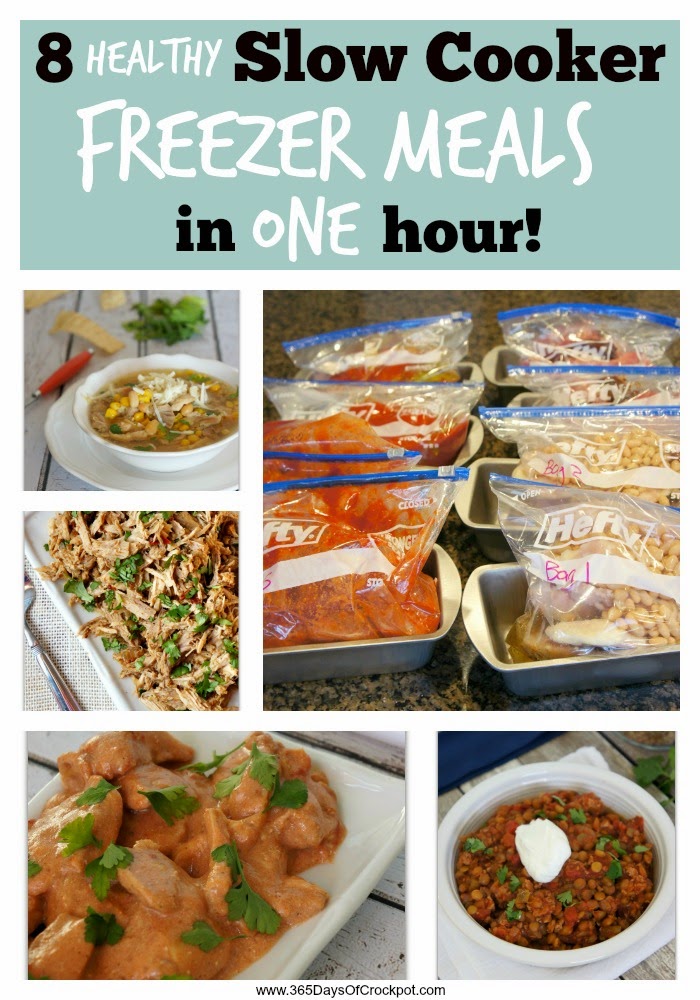 How to make 8 slow cooker/crockpot freezer meals in just one hour.  They are healthy recipes to!  Makes your life so much easier.