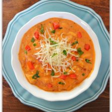 Slow Cooker Roasted Red Pepper and Tomato Soup with Chicken and Orzo
