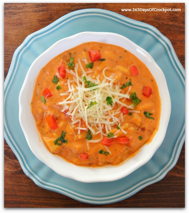 Slow Cooker Roasted Red Pepper and Tomato Soup with Chicken and Orzo